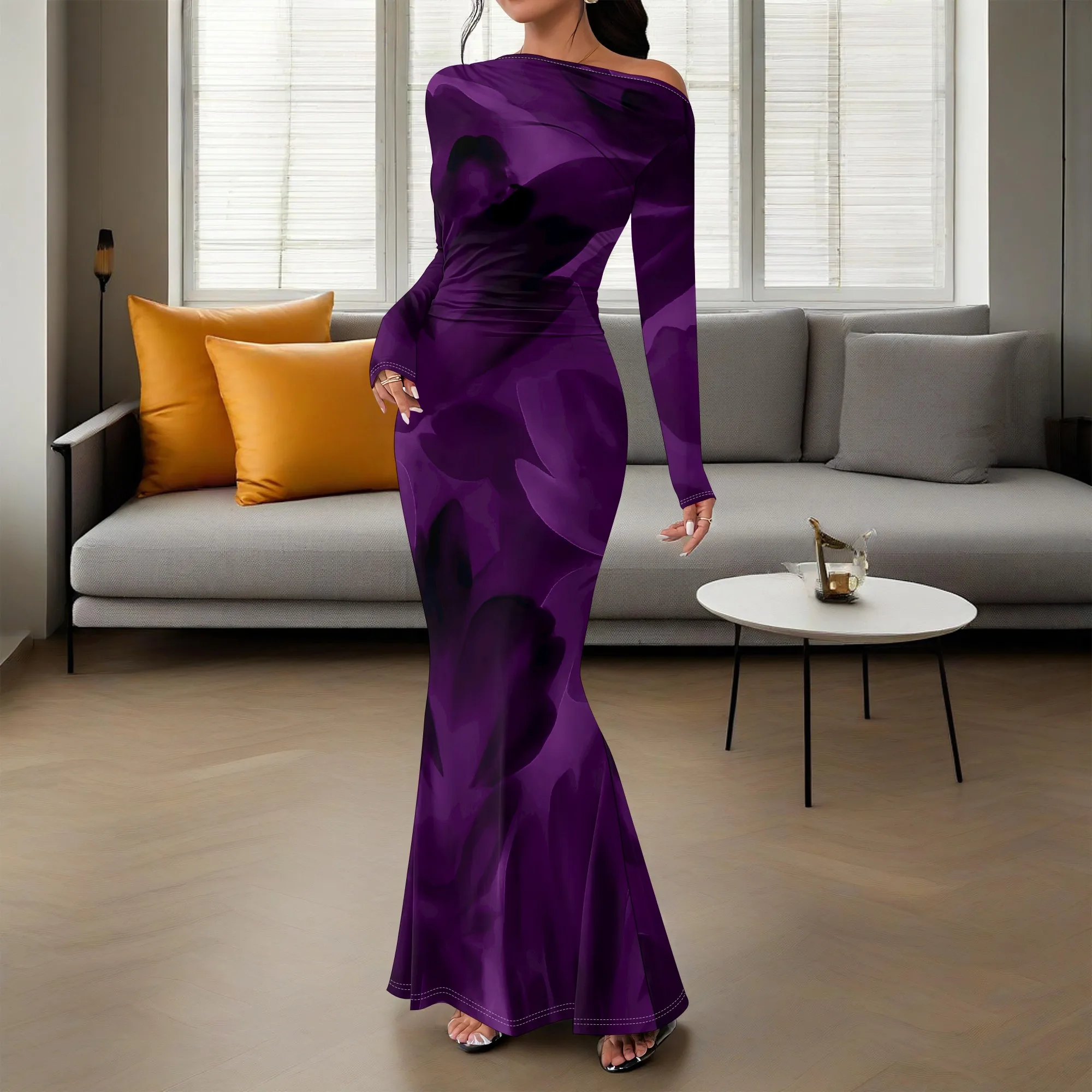 

Purple Floral Print Maxi Dress XS‑3XL One Shoulder Long Sleeve Bodycon Style for Elegant Dinner, Art Show or Holiday Party Look