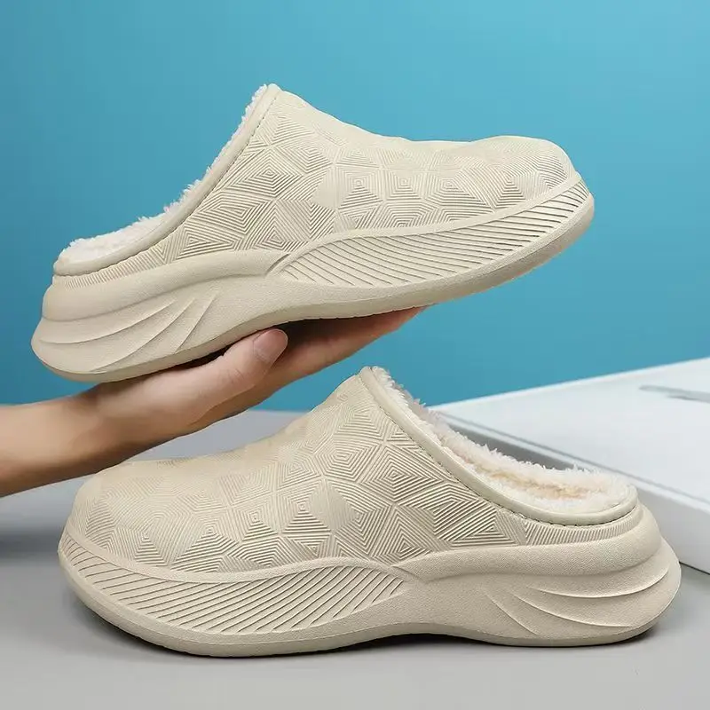 

Women Winter New Waterproof Baotou Cotton Slippers Injection Molding Non Slip Plush Keep Warm Cover Heel Lovers Home Cotton Shoe