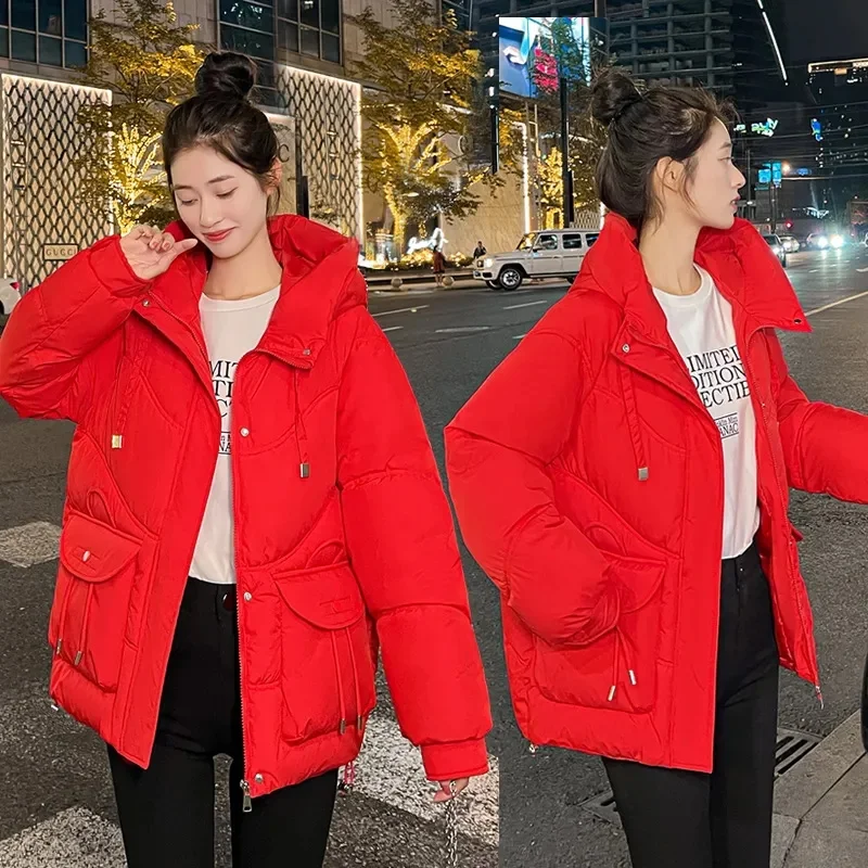 High End Hooded Large Pocket Tassel Down Cotton Clothes For Women's Parkas Thickened Loose Fitting Large Slimming Jacket Female