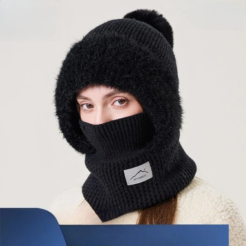 Hot Sale Winter New Fine Weave Hat Scarf Mask One-piece Knitted Hat Women's Versatile Outdoor European and American Warm Hat