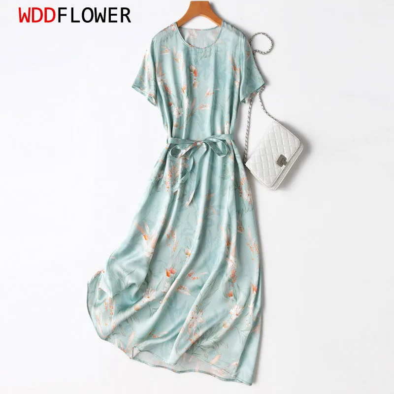 

Women 100% Mulberry Silk Satin Silk Light Green Flower Printed Midi Dress Belt Waist Crew Neck Short Sleeve Long Dress MM505