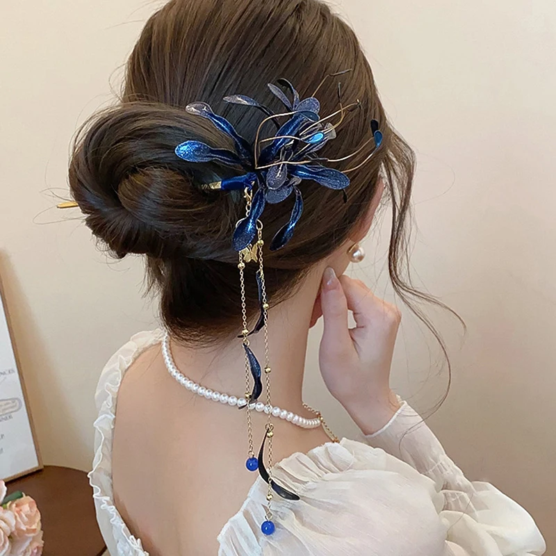 New Chinese Style Spider Lily Flower Hair Sticks For Women Dripping Oil Tassel Hairpin Vintage Hanfu Chopsticks Hair Accessories view 5
