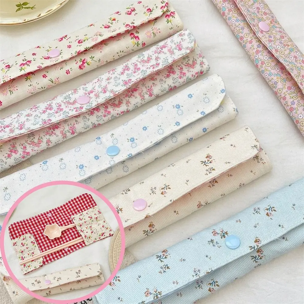 Floral Plaid Spliced Tableware Storage Bag Snap Button Fixed Portable Lightweight Cutlery Organizer Bag Utensil Pouch