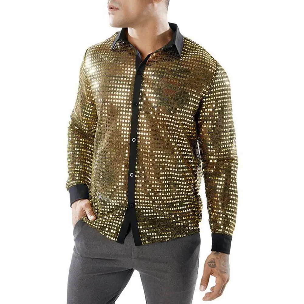 Men Shirt Vintage Men Vintage 70s Men's Sequin Lapel Disco Shirt Shiny Glossy Slim Fit Single-breasted Party Performance Club