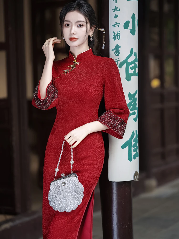 

Ele Long Red Qipao Dr with Extended Sves for Women Wedding Ceremony New Chinese Sle National Faion Matron's Outfit