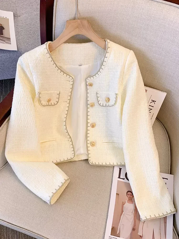 Korean Fashion Elegant Cropped Jackets Women Casual O-neck Single Breasted Outerwears Tops Spring Fall Long Sleeve Chaquetas New