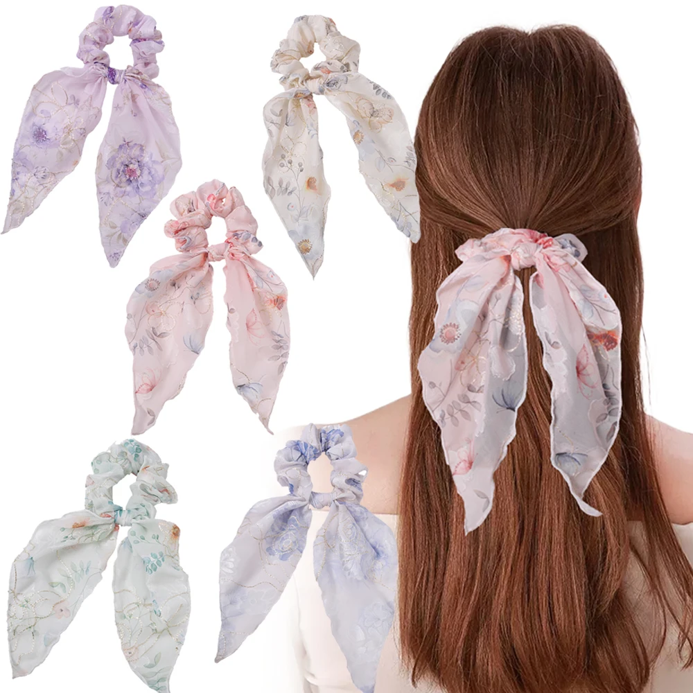 2024 New Chiffon Ponytail Ribbon Ink Painting Hair Bow Scrunchies Knotted Bowknot Hair Ties Elastic HairBands Hair Accessories