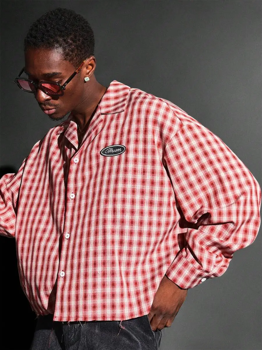 

Red and White Plaid Button-Down Shirt with Relaxed Fit and Embroidered Patch for Casual Wear