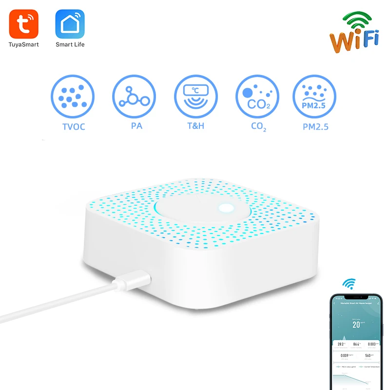 Tuya Smart WiFi Air Detector - Real-Time PM2.5/Formaldehyde/VOC/CO2 Monitor, Temperature & Humidity Tracking,APP Alerts