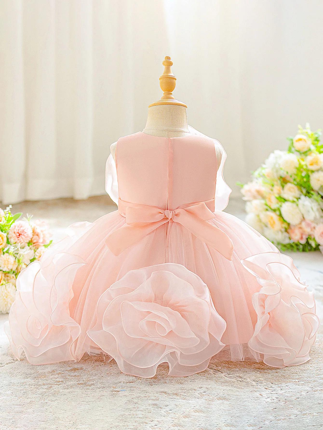 Fluffy 3D Flower Princess Baby Party Girl Dress Elegant Pink 1st Birthday Wedding Kids Clothing Bow Bridesmaid Evening Prom Gown