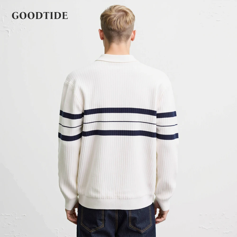 American Fashion Autumn New Sweaters Men's Polo Half Zipper Stripe Trend Casual Long Sleeve Loose Pullovers Knitted Tops