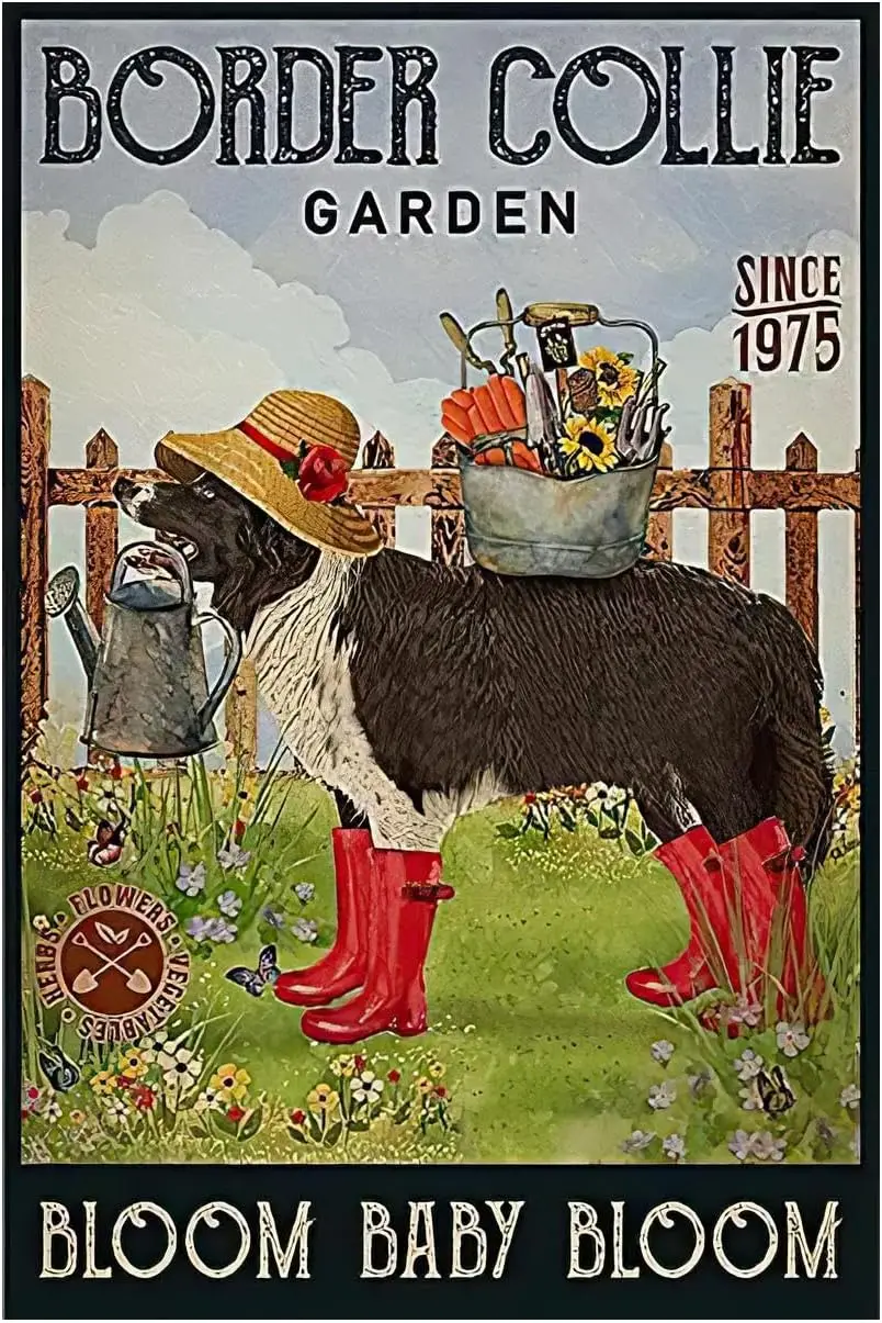 Funny Flowers Metal Poster, Dog Country Rustic Tin Sign, Border Collie Garden Bloom Baby Bloom, Yard Farm Outside Wall Decor