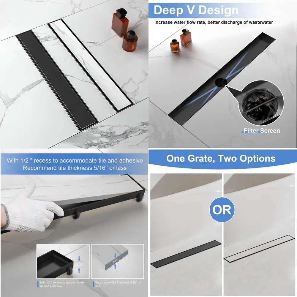 

Matte Black 28-Inch Linear Shower Drain with Tile Insert Grate, SUS 304 Stainless Steel for Long Rectangle Shower Floor