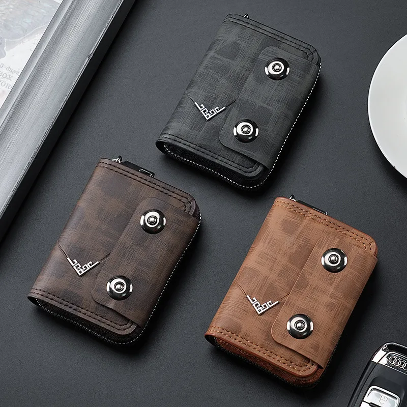 Pu Leather Wallet Compact Men'S Card Holder Double Buckle Wallet Secure Zipper Wallet For Business Casual Use Men'S Accessory
