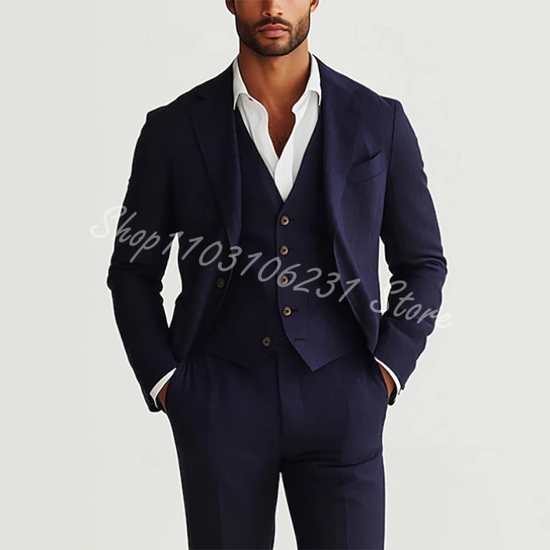 Navy Blue Linen Suits for Men 3 Pieces Casual Slim Fit Suit Blazer Vest Pants Set Formal Prom Wedding Tuxedo Costume Homme