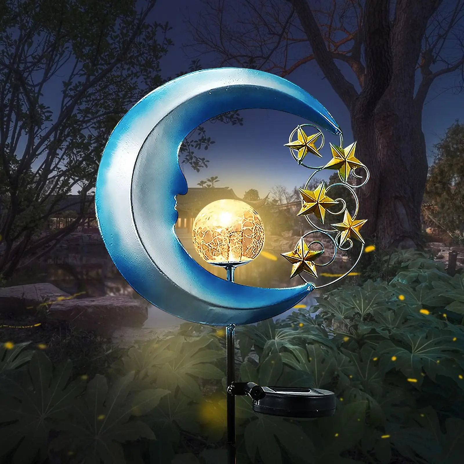 

Solar Garden Lights Outdoor Waterproof Metal Moon Stake Lights with Crackle Glass Globe Landscape Lighting for Yard Patio Decor