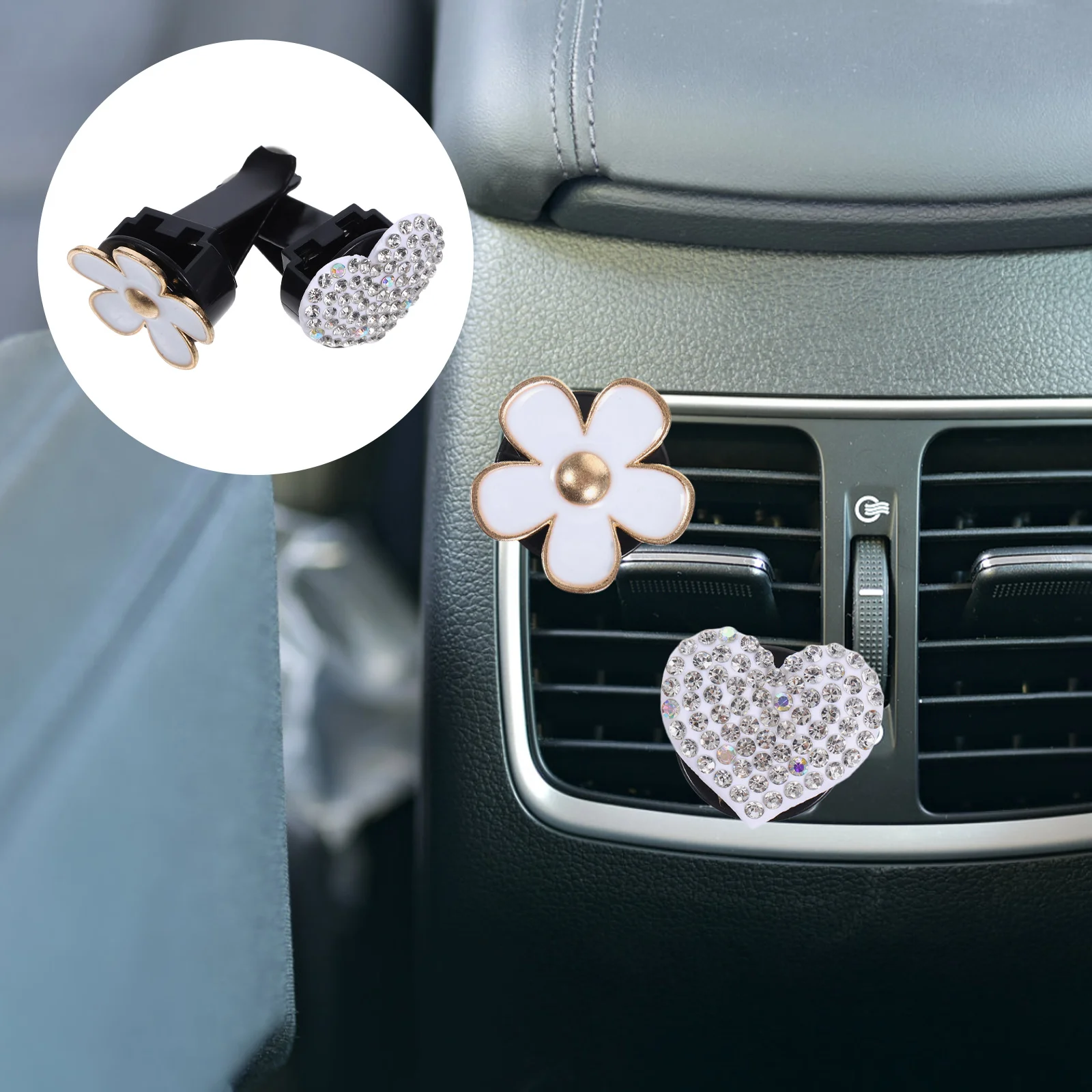 

2pcs Aroma Diffuser Clip Heart Shaped Air Vent Decor Zinc Alloy Rhinestone Car Interior Decoration Accessories For Women Cute