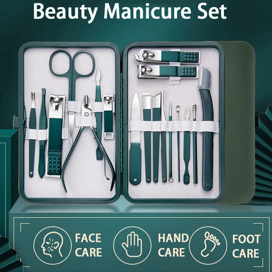 Conjunto de manicure verde com estojo de couro, kits profissionais de ferramentas para cuidados com os pés e rosto, cortador de unhas de aço inoxidável, presente