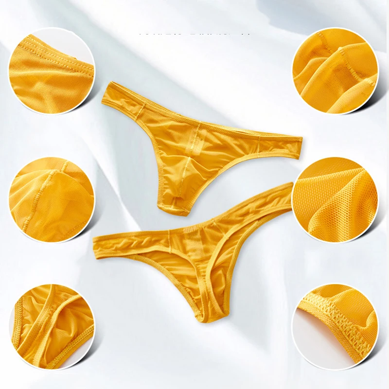 Underpants Solid Color Low Waist Thongs for Men with Transparent Mesh Material and Stretchy Fabric for a Modern Look
