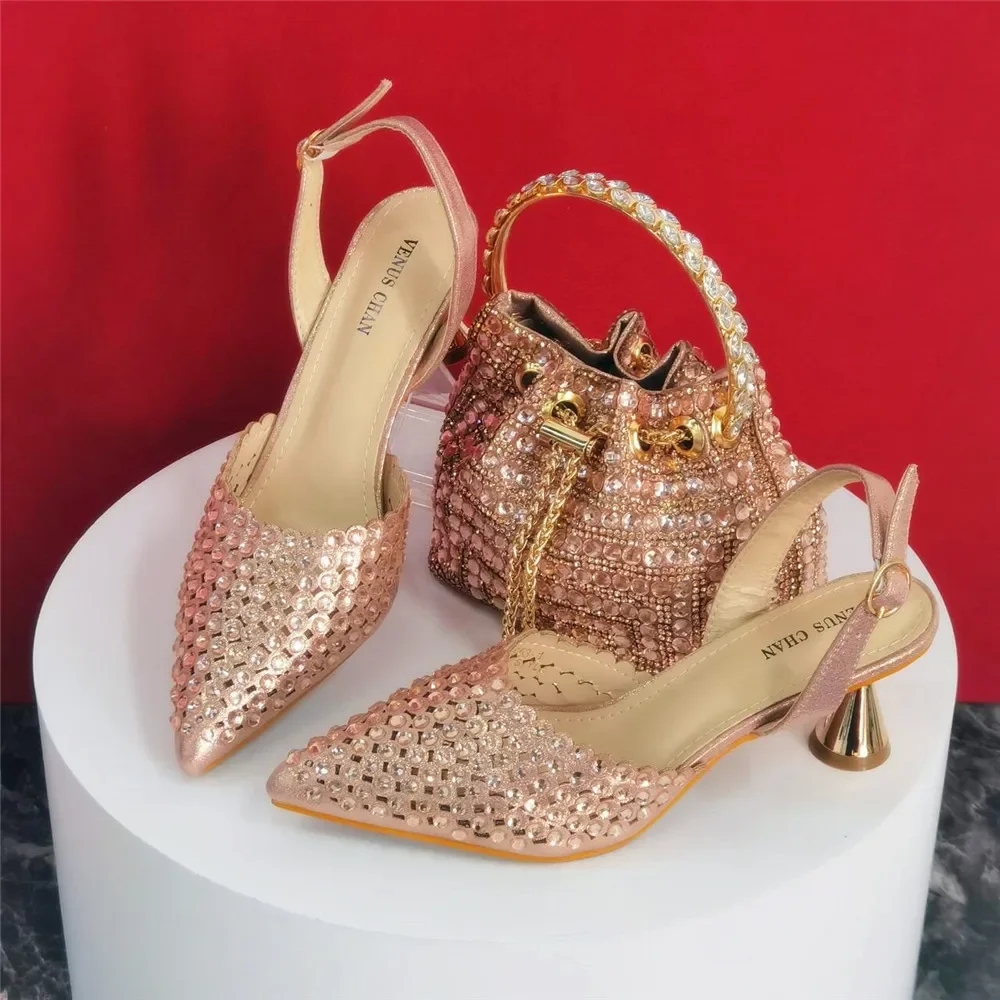 Shiny Gold Rhinestone Shoe & Bucket Bag Set | Pointed Crystal Heels, Womens Lux Wedding Eve Bridal Formal Prom Match Purse Kits
