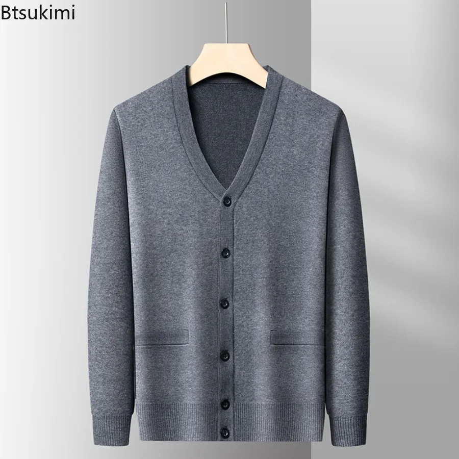 

Новый мужской деловой повседневный вязаный кардиган на осень и зиму, толстый кардиган с длинными рукавами и v-образным вырезом на пуговицах, шерстяные свитера для мужчин