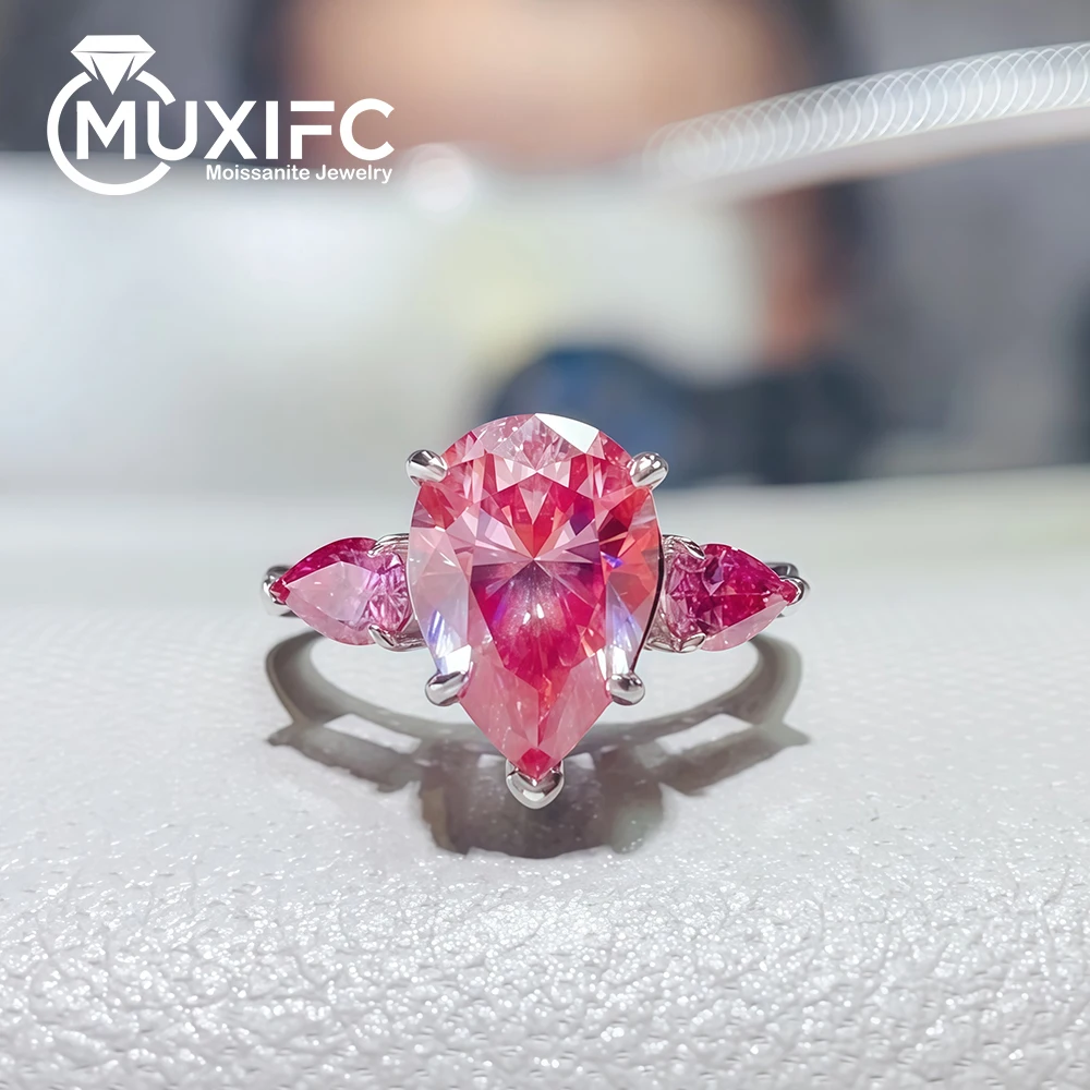 6CTTW Pink/ Green Pear Cut Moissanite Diamond Engagement Ring with Certified 925 Sterling Silver Diamond Wedding Band for Women