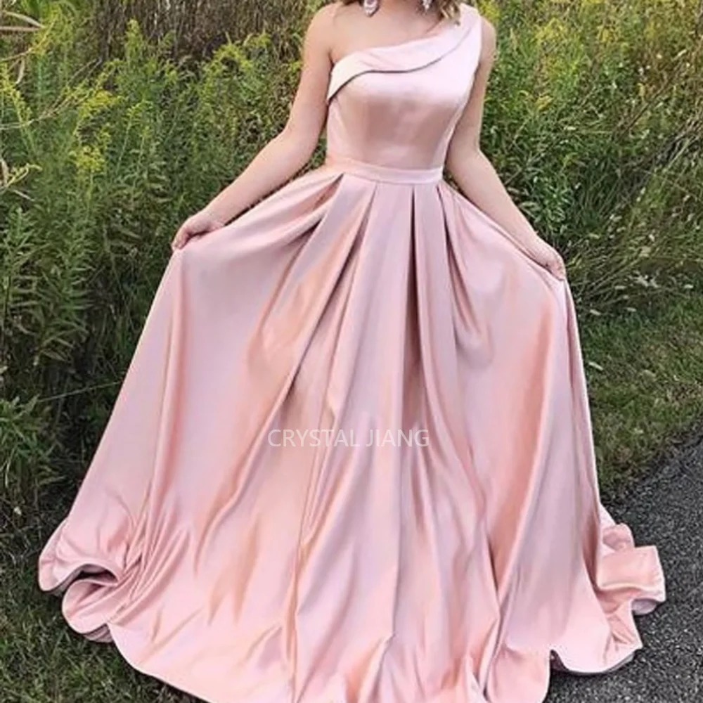 

Vestidos De Noche Long One Shoulder Satin Natural Waist Sleeveless Zipper Back A Line Ruffles Sweep Train Evening Gown