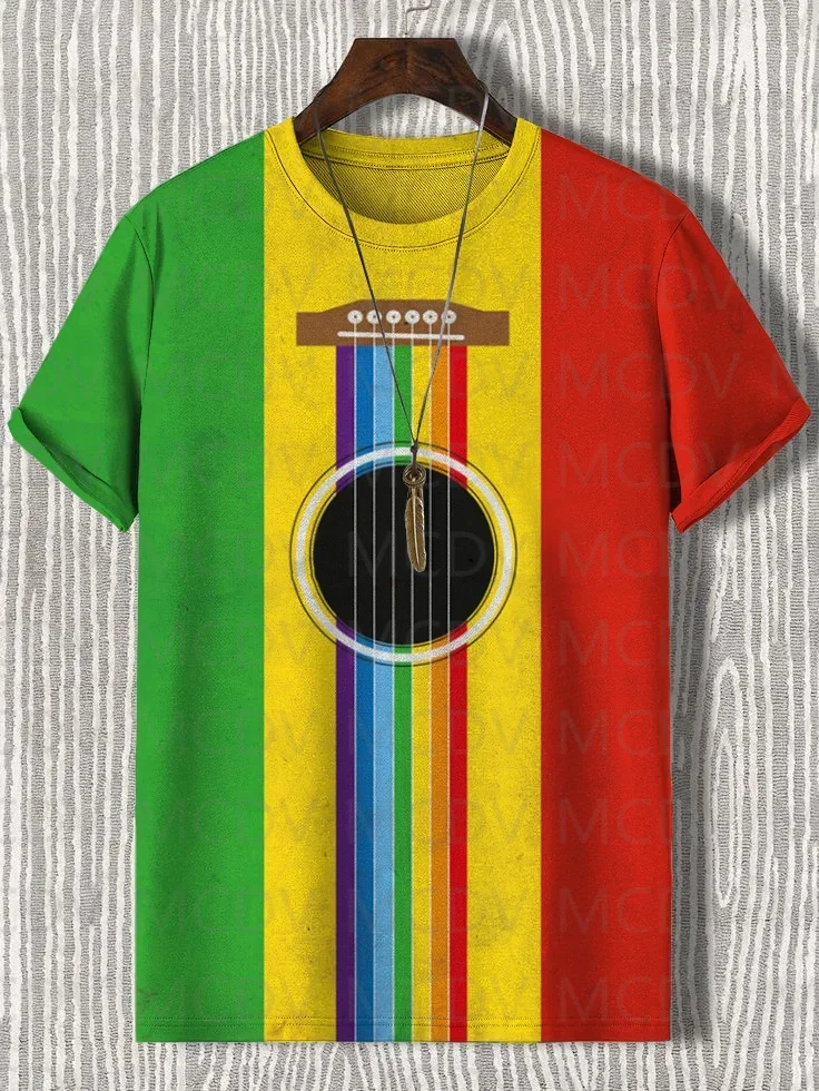 Men's Retro African Reggae Music Guitar Print Casual T-Shirt 3D Printed Summer T Shirt