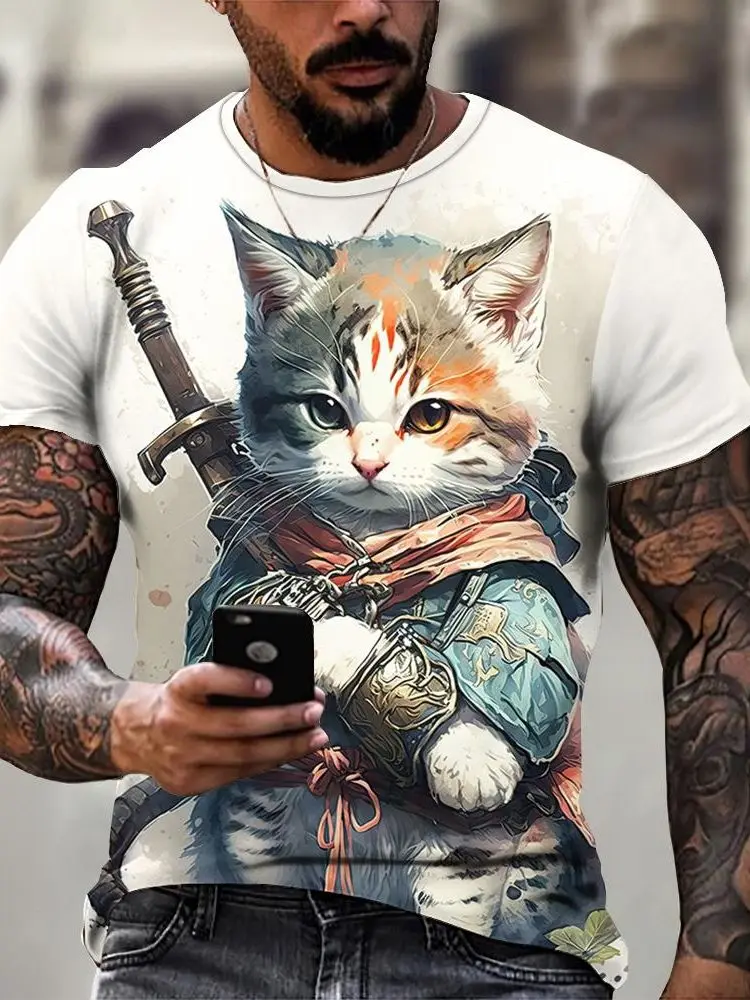 Japanischer Stil Herren T-Shirts 3D Samurai-Katzen-Motiv Druck Kurzarm-T-Shirts Mode Herren Damen Rundhals Y2k Tops Sommerkleidung