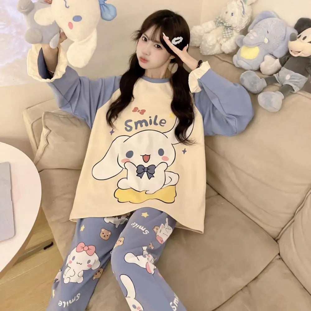 

Kawaii Cinnamoroll Kuromi, хлопковый пижамный комплект большого размера с героями мультфильмов, женский пижамный комплект в стиле аниме My Melody, весенняя женская домашняя одежда, милая ночная рубашка