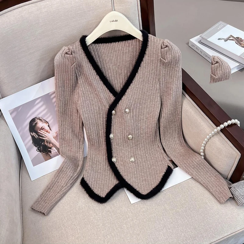 

Женский вязаный кардиган Slim Fit с длинными рукавами и V-образным вырезом, новинка ранней весны, модный асимметричный дизайн, двойная застежка на пуговицах