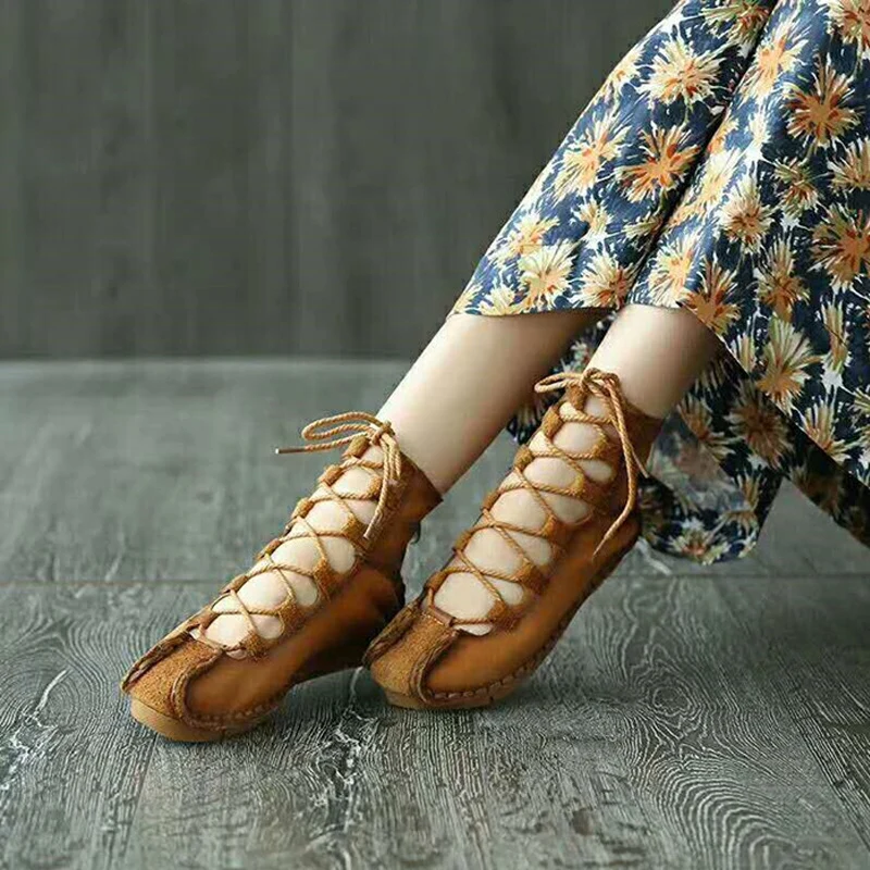 

Bikuir High Top Lace Up Flats Shoes Hollow Out Soft Soles Genuine Leather Flats Luxury Zip Sewn Square Toe Shoes Low Heels Shoes