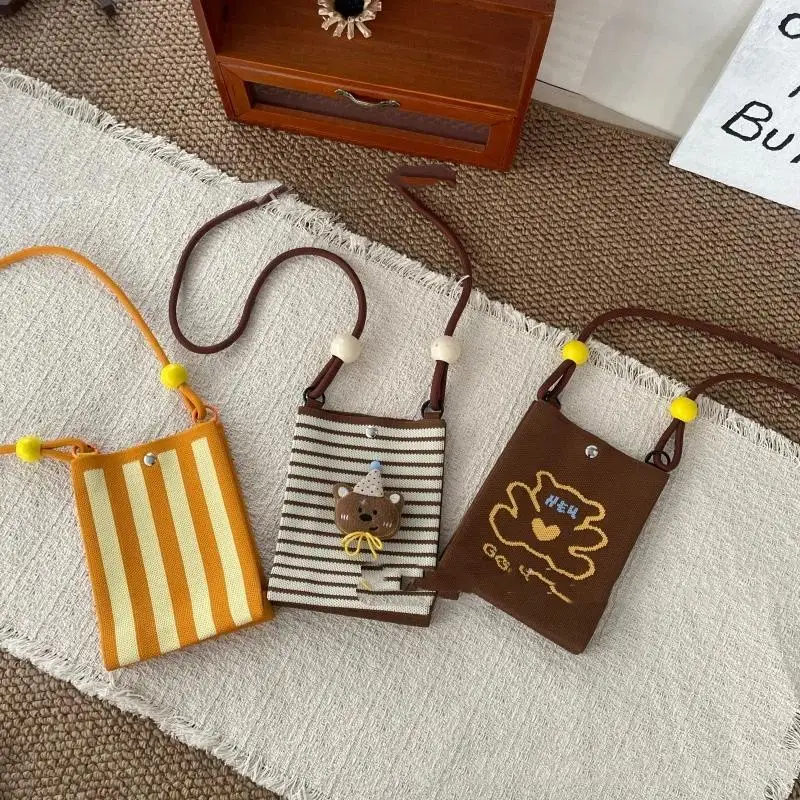 Cute Cartoon Knit Crossbody Phone Bag Adjustable Strap Non-fading Print Small Shoulder Purse for Girls Daily Errands