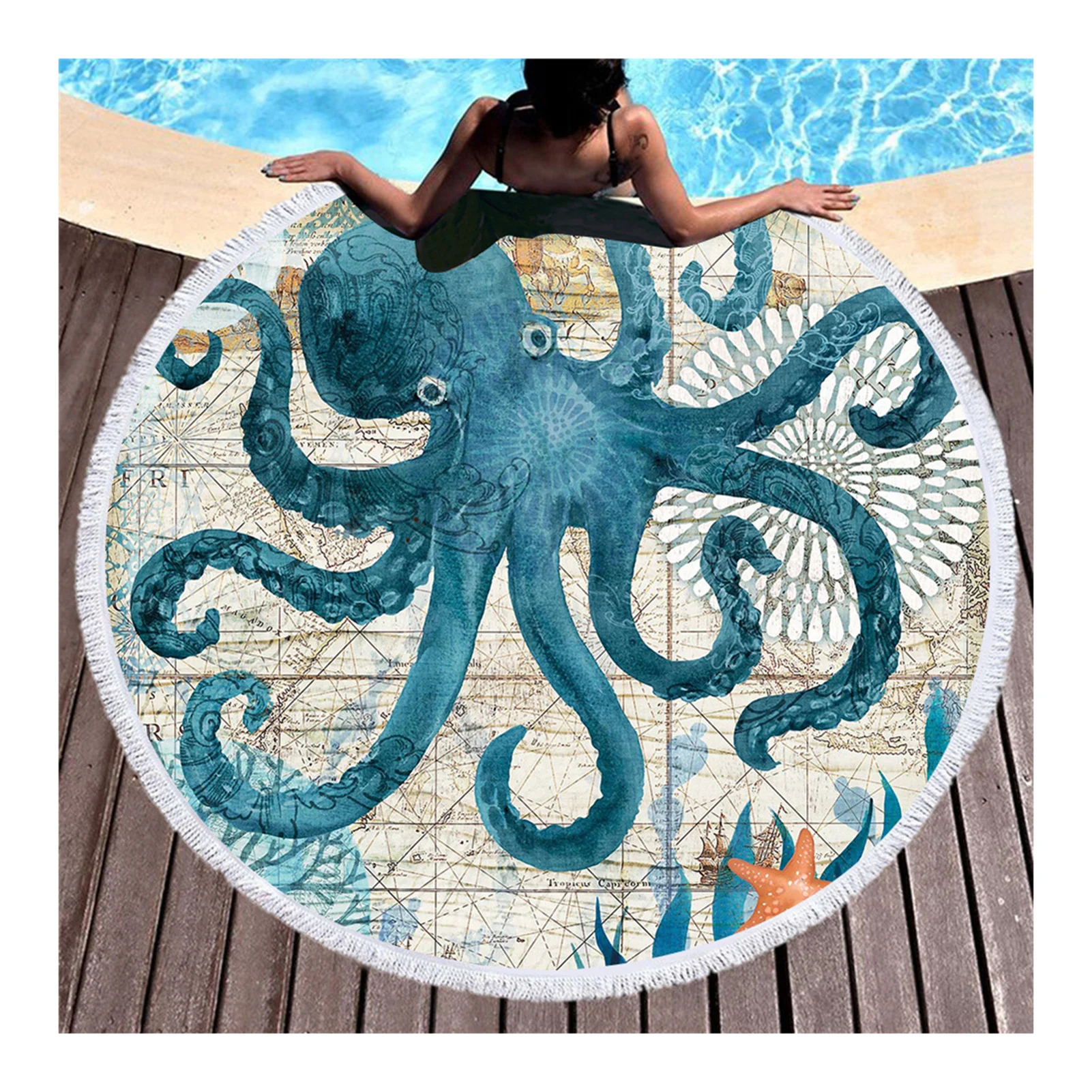 Outdoor Beach Blanket Towel Marine Life Printed Large Round Mat With Tassels