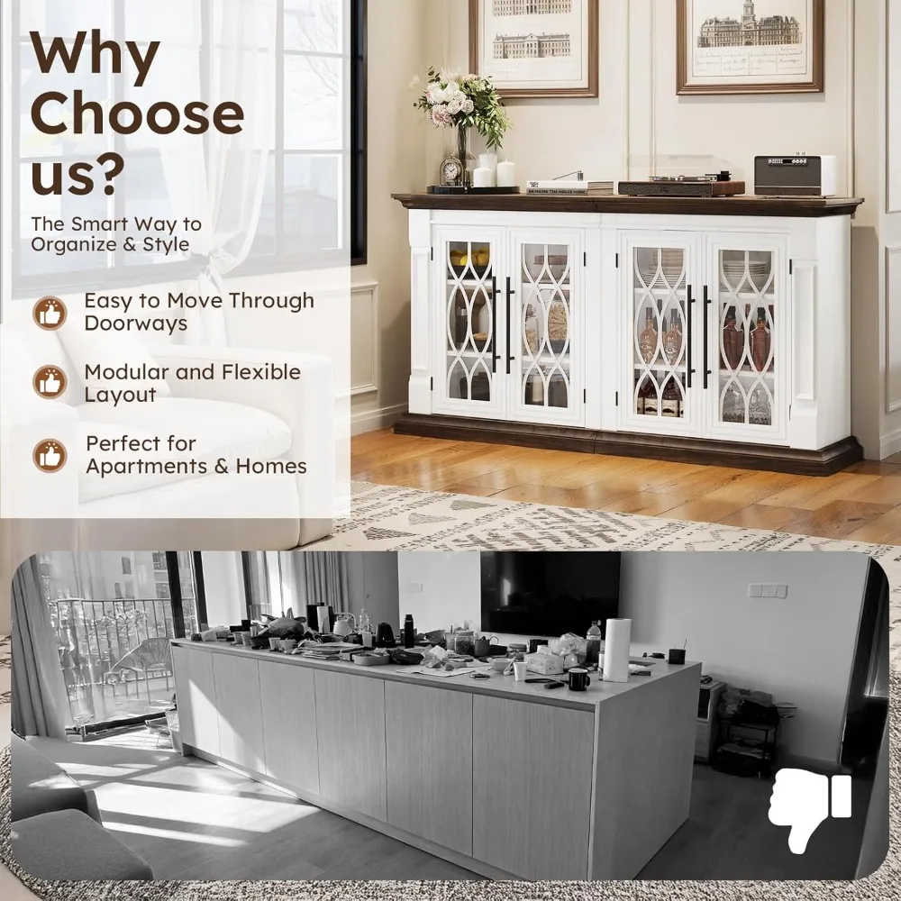 Aparador Buffet de granja con 4 puertas de vidrio, gabinete de almacenamiento para cafetería, vino, mesa de Buffet con estantes ajustables