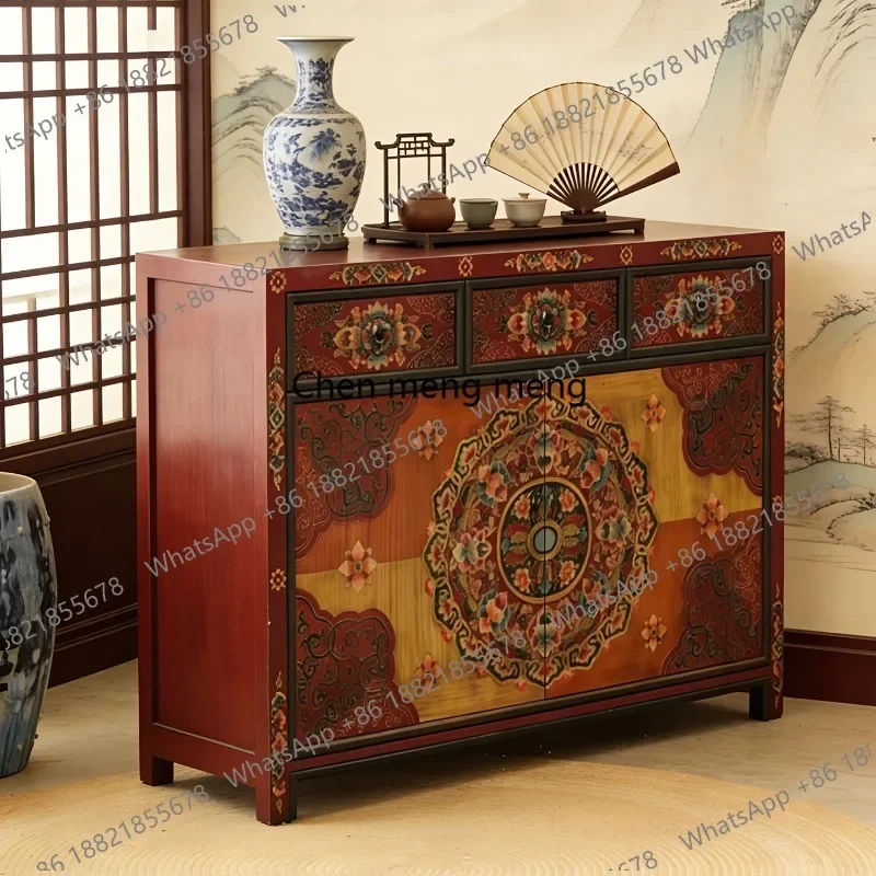 HR Tibetan painted dining side cabinet Chinese retro solid wood hand-painted, antique partition decorative entrance cabinet