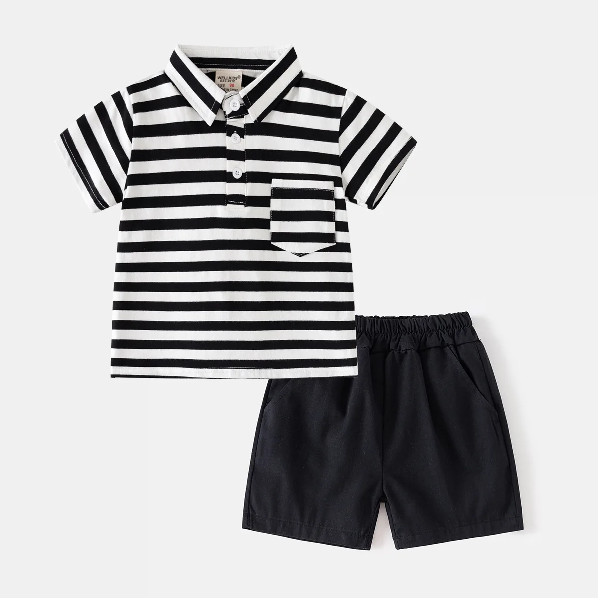 2025 Summer New 2 3 4 5 6 7 8 Years 90-130cm Children Striped Solid Color T-Shirt +Shorts Kids Boys Cotton 2 Pieces Summer Set