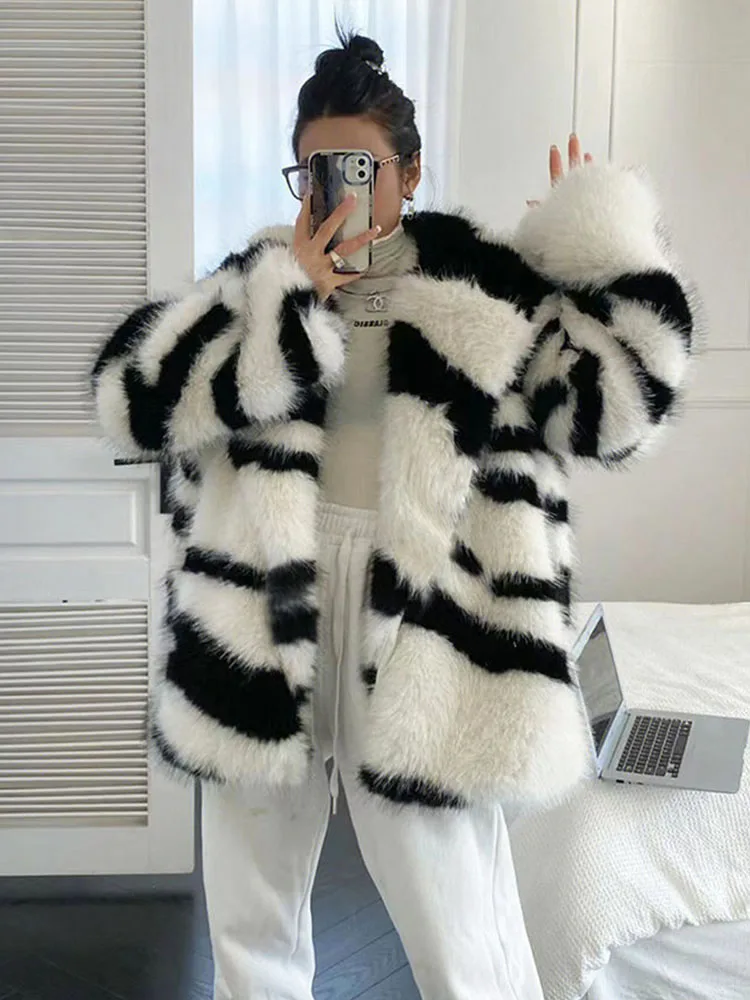 

ZADORIN Winter Coats for Women 2024 Luxury Zebra Striped Fluffy Fox Fur Faux Coat Women Lapel Mid Long Oversized Faux Fur Jacket