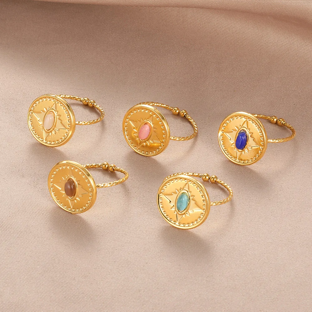 Adjustable Vintage Boho Blue Stone Stainless Steel Rings For Women Oval Fashion New Anillos Jewelry Wedding Gifts