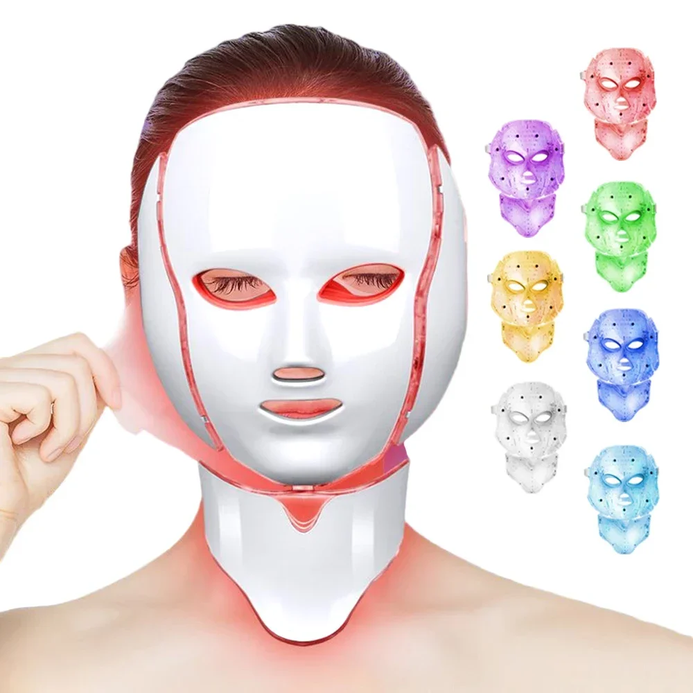 7 Colors LED Facial Mask with Neck Light Therapy Skin Rejuvenation Anti Acne Beauty Device Face Lifting Firm Massager Instrument