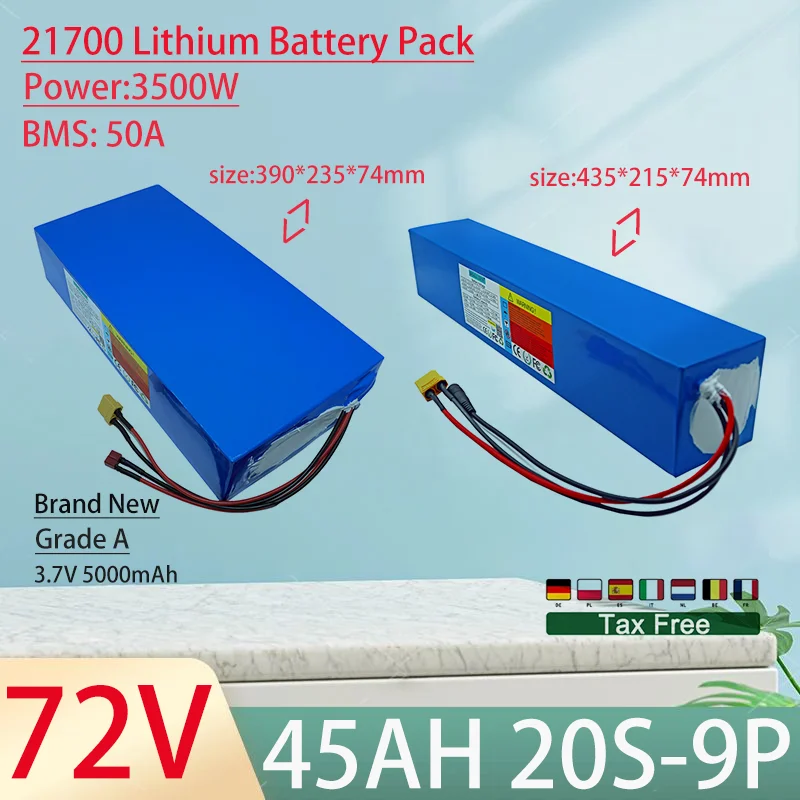 72V 45Ah 21700 20S9P Lithium Ion Battery Pack 3500W Power Tool Batteries Outdoor Backup Batteries With 50A BMS+84V 5A charger