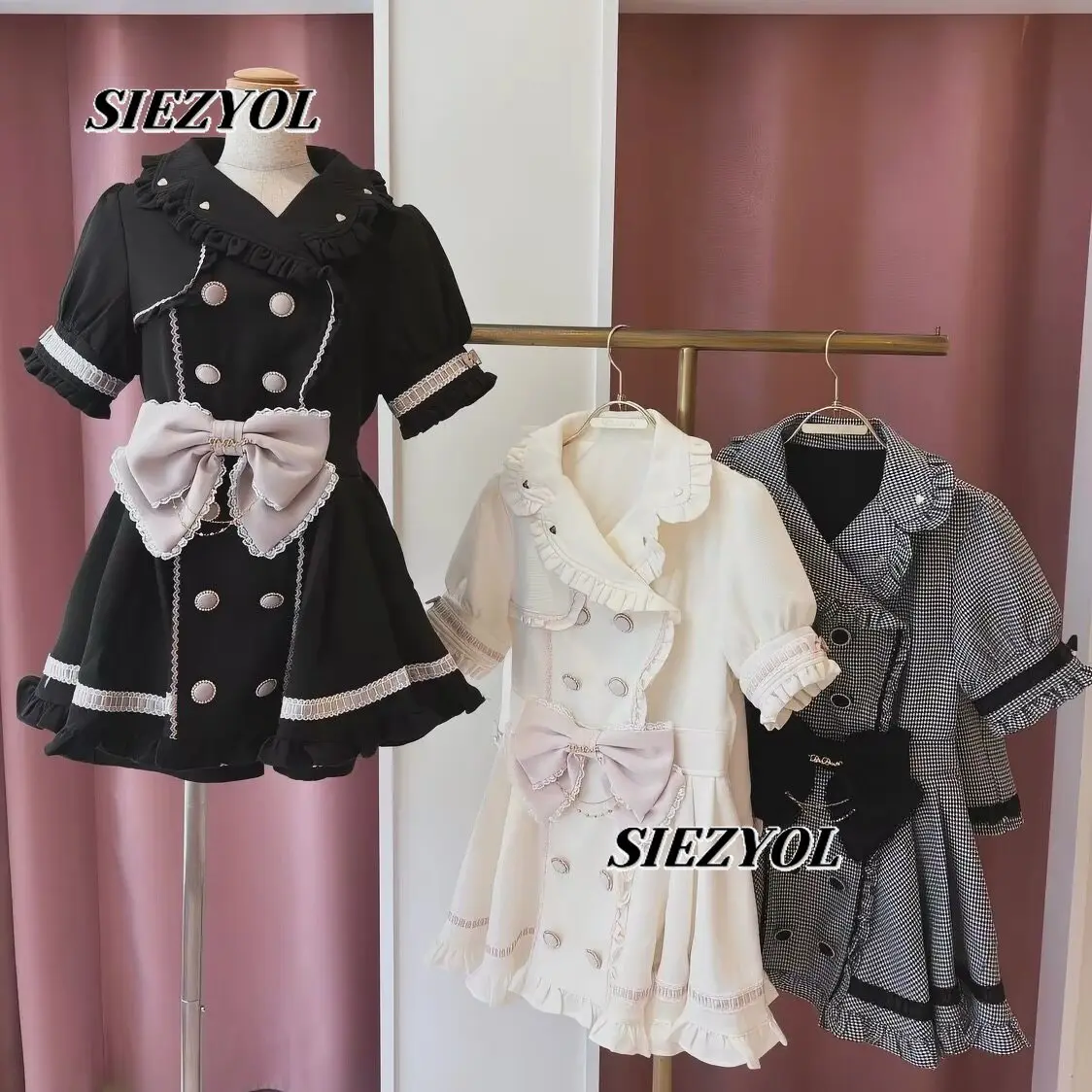 Liz Japanese Lolita Sweet Cute Girl Bow Double-breasted Tops High Waist Short Sleeve Dress and Bottoms Shorts Two-piece Set