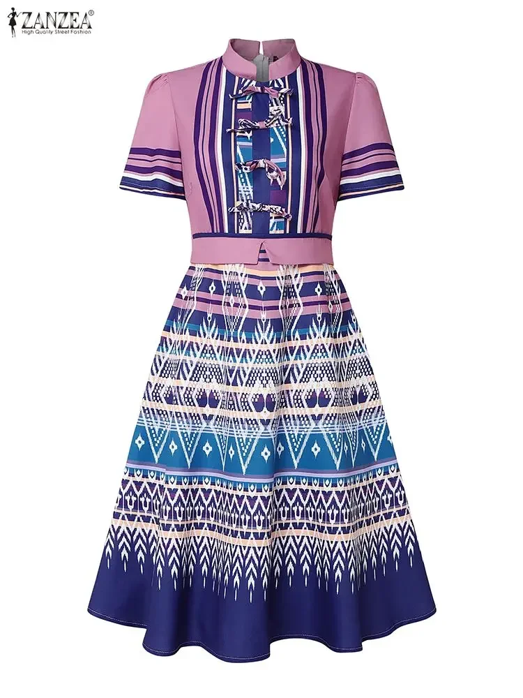 2025ZANZEA Vintage Frauen Druck Kleider Kurze Puff Sleeve Casual Urlaub Partei Sommerkleid Mode Stehen Kragen Lose Vestidos Robe
