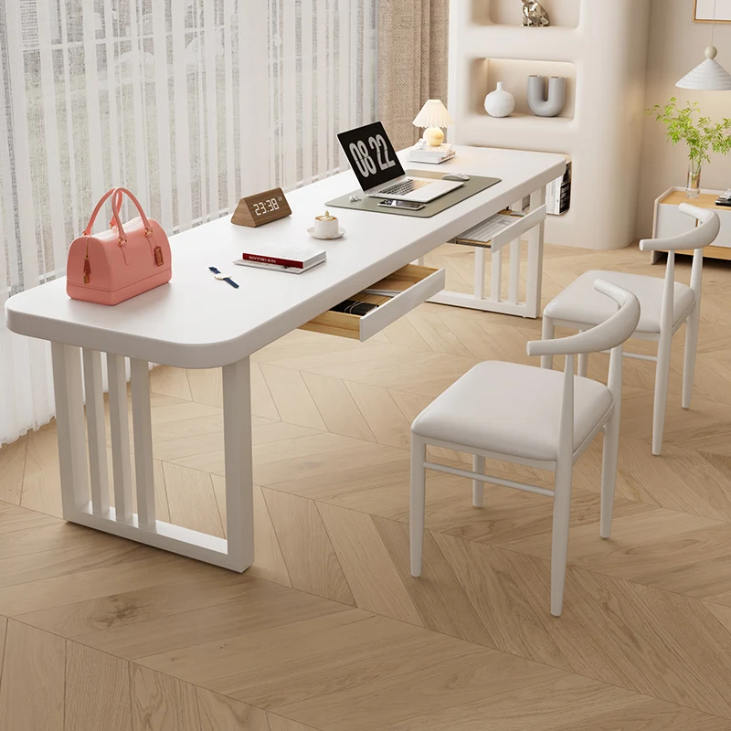 Solid wood desk, long table, narrow style, white cream style by the window, office work, girl's bedroom, study computer