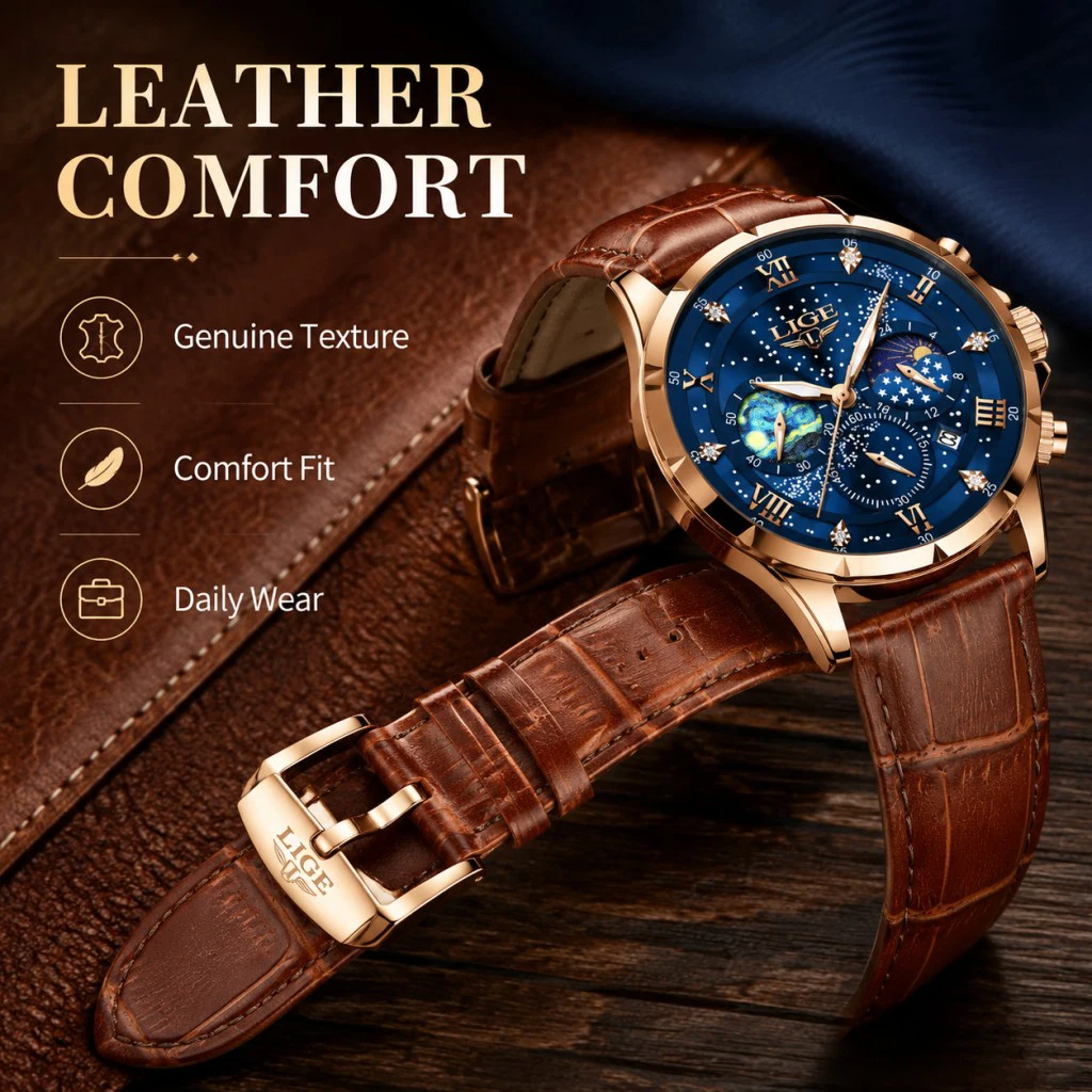 LIGE Men Watches Casual Sport Watch Men Luxury Waterproof Date Watches Luminous Chronograph Wristwatch Male Quartz Leather Clock
