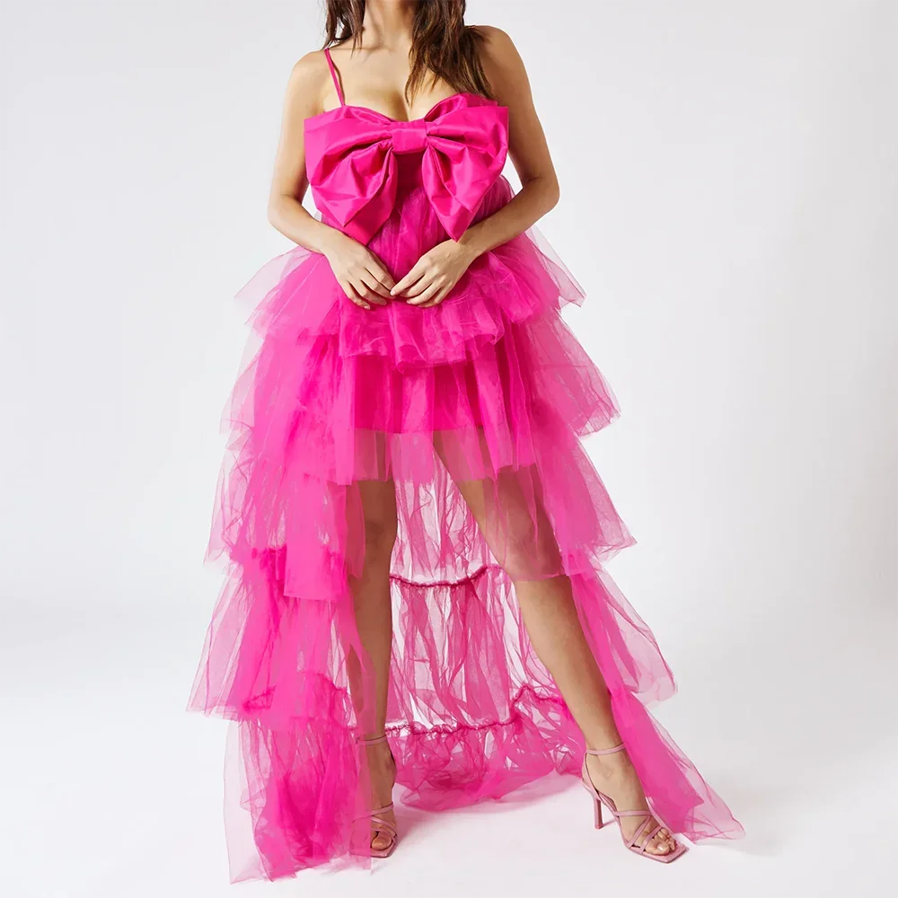 High Low Bow Front Mini Tulle Evening Gowns Spaghetti Straps Tieres Homecoming Irregular Fuchsia Solid Color Sexy Prom Gowns