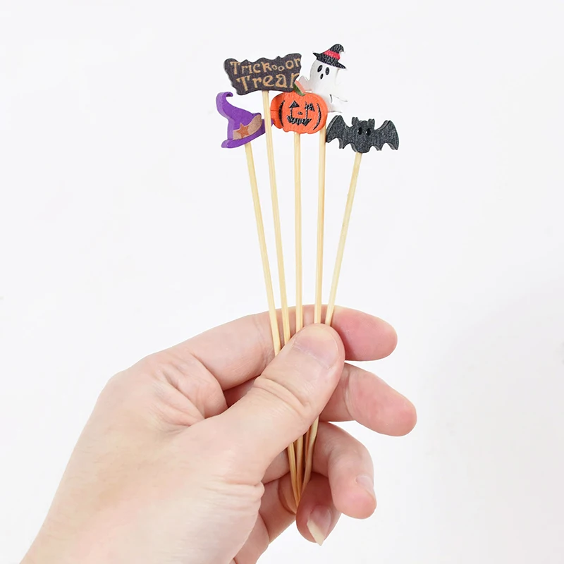 50Pcs Halloween Bamboo Food Fruit Picks Happy Halloween Party Disposable Dessert Cocktail Sticks Buffet Cupcake Toothpick Skewer