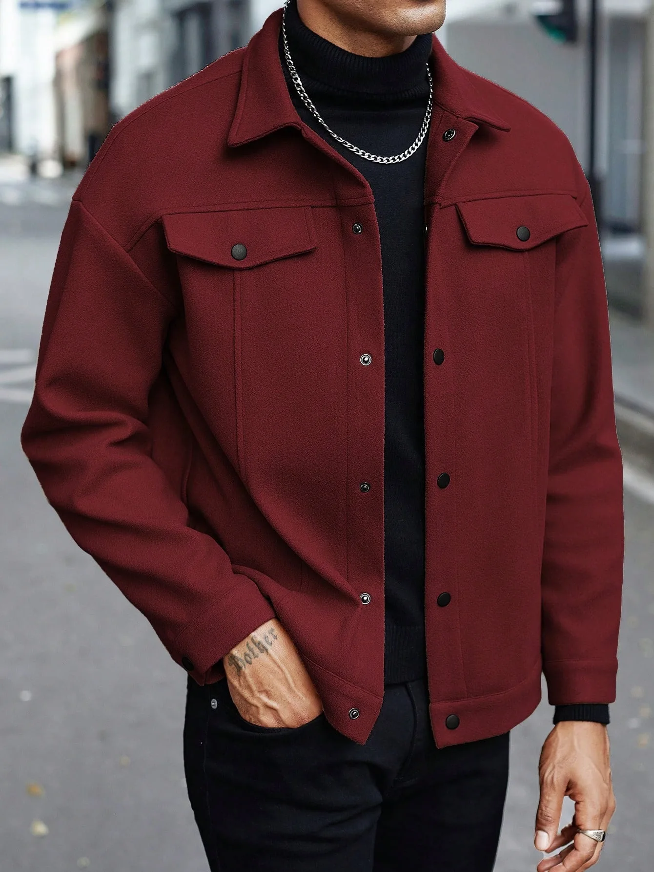 Men Wool Blend Lapel Work Jacket Faux Double Chest Pockets Button Loose Casual Street Coat Spring Autumn Winter Daily Outerwear view 5