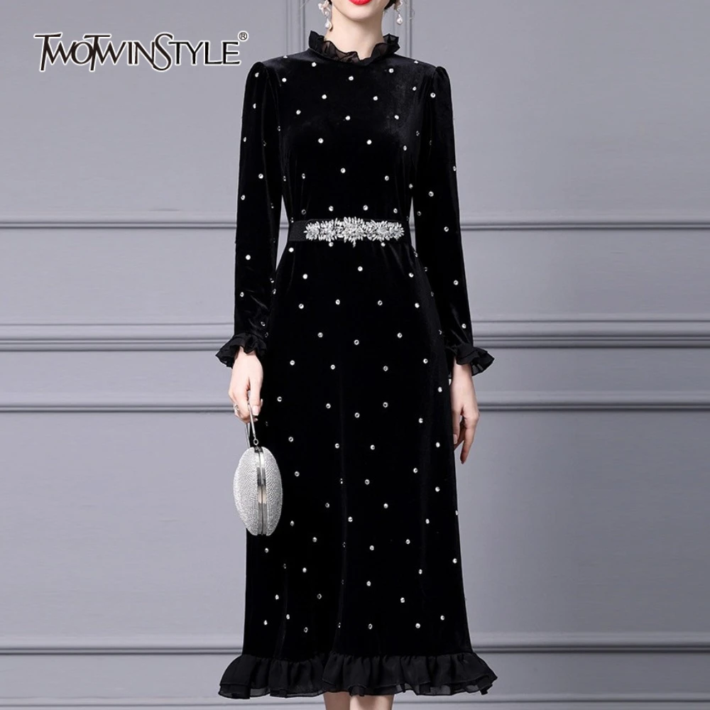 

TWOTWINSTYLE Solid Slimming Spliced Wave Point Elegant Dresses for Women Round Neck Long Sleeves Patchwork Bead Dress Female New