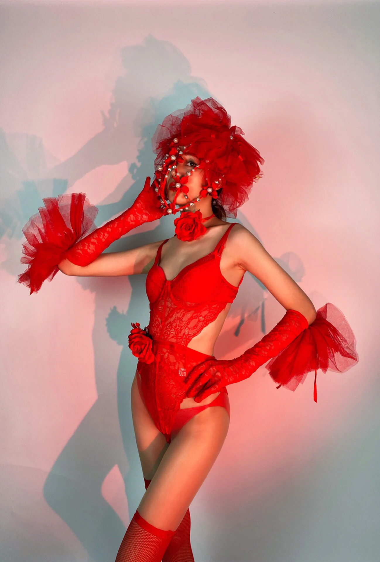 섹시한 레이스 바디수트 폴 댄스 의상, 나이트 클럽 고고 댄서 의상, 진주 마스크, 드래그 퀸 코스튬 카니발 레이브 의상